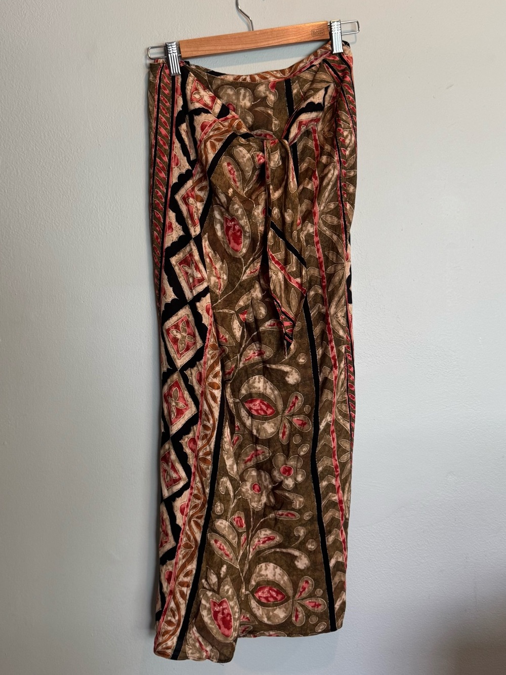 Alyn Paige Olive and Red Patterned Tie-Front Maxi Skirt